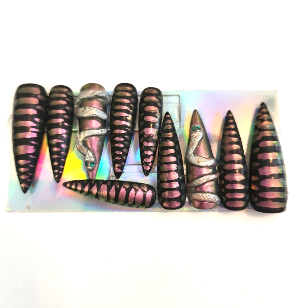FantaSea Fingers Chrome 3D Snake Long Stiletto Nails Size Medium
